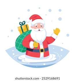 Weihnachtsmann in Schneefall flache Illustration stecken 