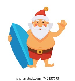 Santa summer vacations ocean surfboard daily Christmas life cartoon character vector icon