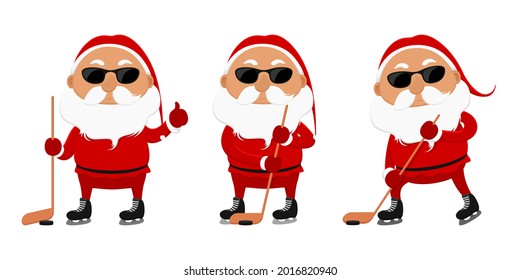 Santa in sunglasses playing ice hockey. Vector illustration.