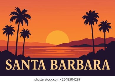 O pôr do sol de Santa Bárbara sobre o Oceano Pacífico oferece uma vista impressionante, com as cores quentes do céu noturno refletindo nas águas tranquilas