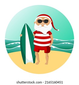 Santa and surfboard. Cartoon style. Vector illustration.