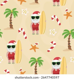 Santa surfboard seamless pattern. Background with Santa, palm, flower, starfish, and candy cane.	