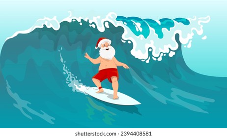 El carácter de Santa Surfer. Caricatura de Santa Claus navegando a bordo de una gran ola marina. Escena de verano vectorial con el personaje de Noel en sombrero rojo y pantalones cortos, equilibrando en una tabla de surf con espíritu de vacaciones en un vasto océano