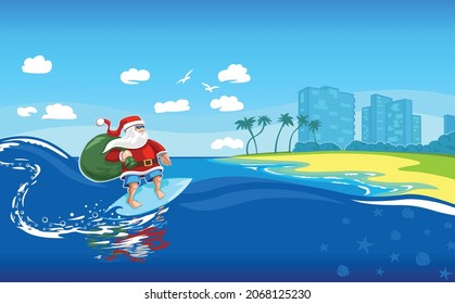 Santa Surfing on Wave Beach Hotel Approaching