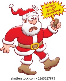 Santa surprised and getting in shock after looking at his smartphone. He has just received a new notification informing that he got an unimaginable number of new friends