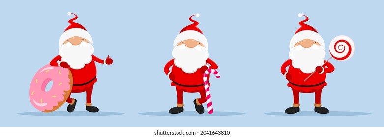Santa with sweets - donut, candy cane, swirl lollipop. Vector illustration.
