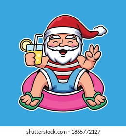 Santa Swimming With Balloon And Holding Juice Cartoon Vector Icon Illustration. People Holiday Icon Concept Isolated Premium Vector.