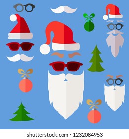 Santa symbols set.New year collection on background.Christmas accessories pattern.Flat vector illustration.Hipster santa claus with beard and whiskers.Glasses.