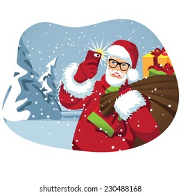 Santa taking a selfie with his bag of gifts EPS 10 vector illustration