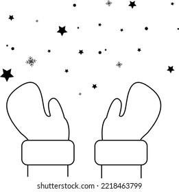 Santa threw snow. Snowflakes are falling. Santa's mittens. White background.