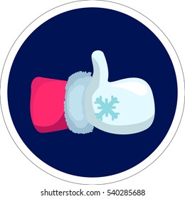 Santa thumb hand on dark blue background vector illustration. Christmas gesture for like  in flat style. Santa Claus hand with thumbs up. Blue and red Christmas icon for social media. Santa mitten