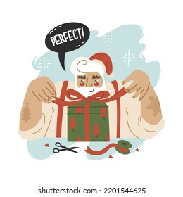 Santa ties a ribbon bow on a box with a Christmas present. Phrase Perfect. Happy New Year, Merry Christmas. Daily routine of Santa Claus before Christmas. Flat style in vector illustration.
