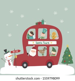 Santa tours big red bus, santa driving his christmas friends, angel, toy soldier,gingerbread man, Rudolph, and an elf, with a snowman with bus stop sign