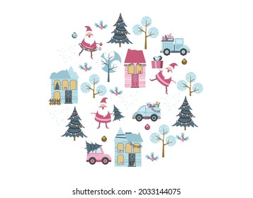 Santa toy pattern, Christmas tree and other holiday details. Childish hand-drawn scandinavian style. Vector illustration