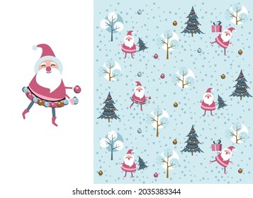Santa toy pattern, Christmas tree and other holiday details. Childish hand-drawn scandinavian style. Vector illustration