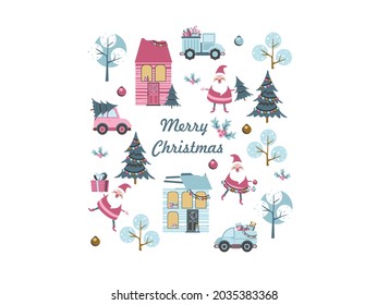 Patrón de juguete de Papá Noel, árbol de Navidad y otros detalles de las vacaciones. Estilo escandinavo infantil dibujado a mano. Ilustración del vector