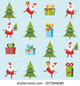 Santa toy pattern, Christmas tree and other holiday details. Childish hand-drawn scandinavian style. 