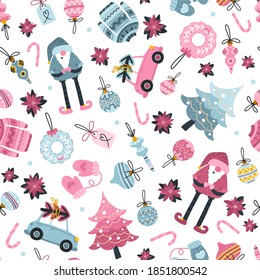 Santa toy seamless pattern, Christmas tree and other holiday details. Childish hand-drawn scandinavian style. A limited blue pink palette on a white background is perfect for print