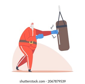 Santa Training in Gym with Punching Bag. Christmas Winter Holiday Sport, Saint Nicholas Character Healthy Lifestyle, Xmas Boxer Mascot Fighting Workout, Weight Loss. Cartoon Vector Illustration