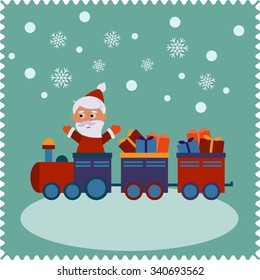 Santa traveling by train.  Christmas cute card of new year, merry christmas