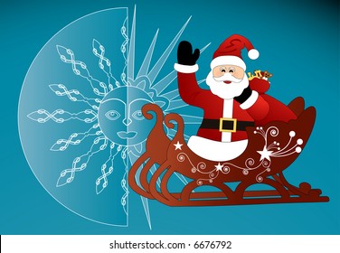 santa traveling through night and day (moon/sun behind)