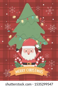 santa tree and candy canes merry christmas card vector illustration