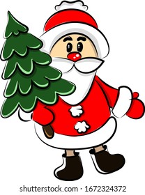Santa with tree, illustration, vector on white background.