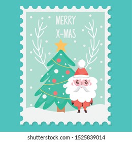santa tree star balls snow branch merry christmas stamp vector illustration