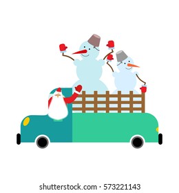 Santa truck and snowmen. Christmas car. New Year Machine
