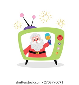 Santa en la ilustración de la etiqueta engomada del Vector de la televisión.