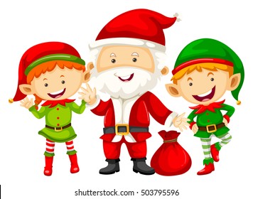 Santa and two eleves with red bag illustration