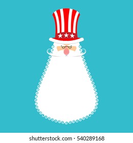 Santa Uncle Sam. American Christmas Claus. Winter cylinder. Patriotic grandfather white beard. US National new year hero