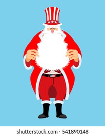 Santa Uncle Sam. American Christmas Claus. Winter cylinder. Patriotic grandfather white beard. US National new year hero