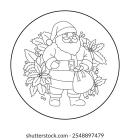 Santa vector illustration of a hand embroidery pattern for a round hoop.
Embroidery sticker paper, Christmas craft DIY gift with a Santa Claus holding a bag of presents. Pere Noel