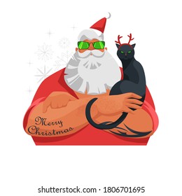 Santa. vector image of a modern Santa Claus. Christmas deer. cat with horns