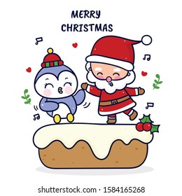 Santa vector and penguin cartoon dance on muffin cupcake (Kawaii winter animal): merry x mas, Happy new year December snow festival. Food fairytale. Perfect kid greeting card, t-shirt print, bakery.