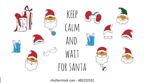 Santa vector set. Cartoon design. Hand drawn Santa, hats, presents. Christmas characters