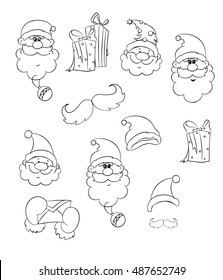 Santa vector set. Cartoon design. Hand drawn Santa, hats, presents.