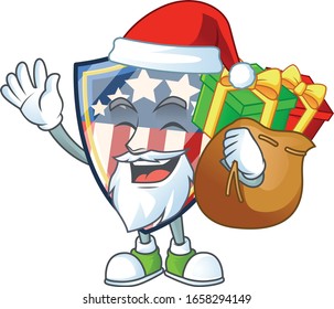 Santa vintage shield badges USA Cartoon design having a sack of gifts