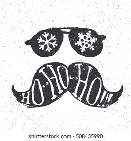 Santa vintage sunglasses and moustache. With snowflake reflection. On textured grunge red background. Vector illustration. Christmas fun concept.