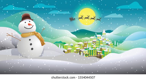 santa visiting town bringing joy and happiness to everyone. including snowman.