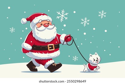 Santa walking dog in snow festive scene cheerful winter landscape with snowflakes Santa in red suit dog in sweater holiday theme