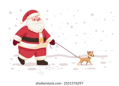 Santa walking dog winter snow scene cheerful holiday theme with Santa Claus in red suit and small dog wearing hat on leash snowy background