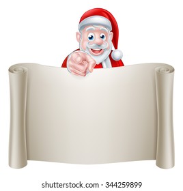 Santa wants or needs you Christmas illustration of cartoon Santa Claus pointing at the viewer from behind a scroll. Could be asking for help with Christmas charity or Christmas event