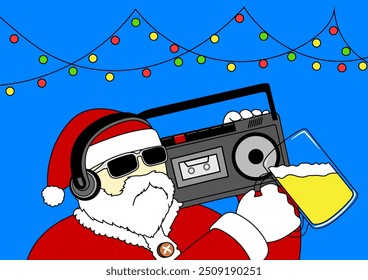 santa ware sunglasses and holds a glass of beer in a party. vector illustration background graphic.