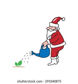 Santa watering small tree cartoon vector