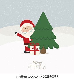 santa wave behind tree snowy background