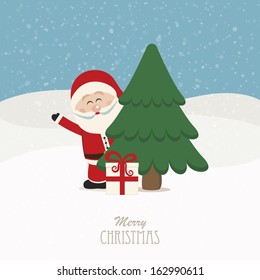 santa wave behind tree snowy background