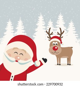 santa wave from side reindeer red nose winter landscape