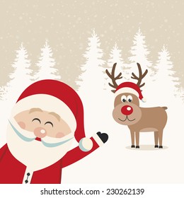 santa wave from side reindeer red nose winter landscape